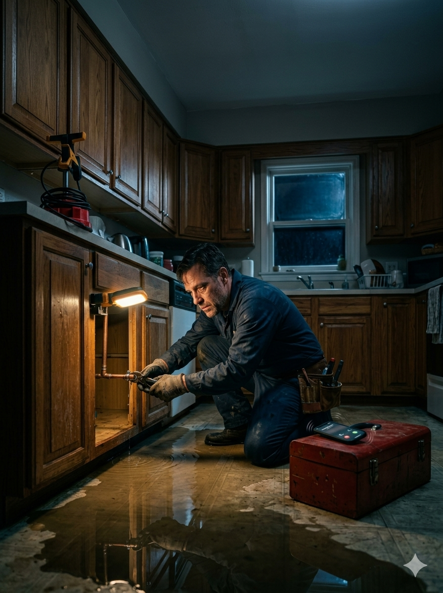A plumber working under a sink